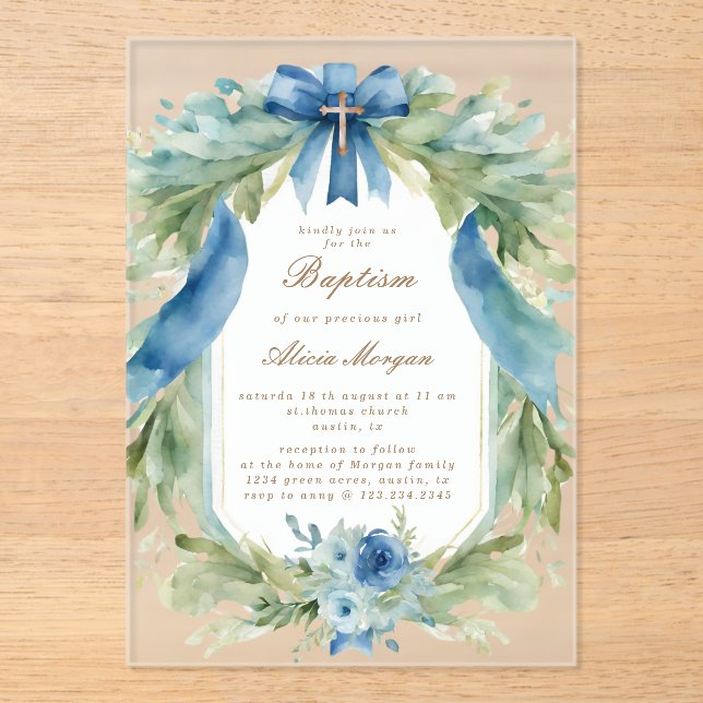 Elégant bleu Floral Cross Baptism Invitation (Recto)