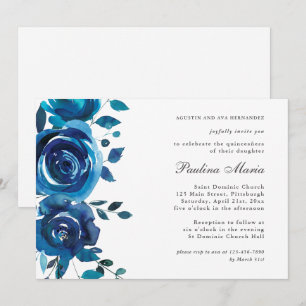 Elégant bleu Floral Quinceañera Invitation