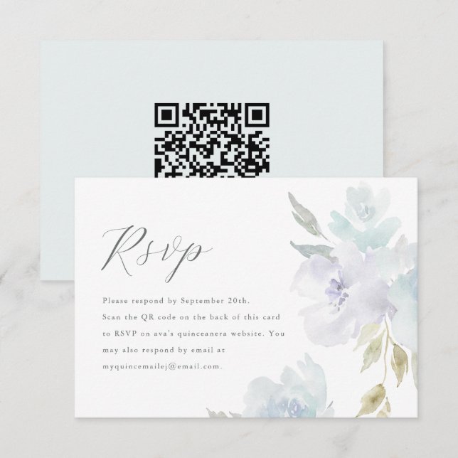 Elégant bleu Floral Quinceanera QR Code RSVP (Devant / Derrière)