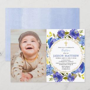 Elégant bleu jaune baptême invitations photo