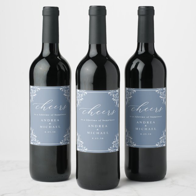 Elégant bleu Mariage  bouteille de vin Étiquettes (Bouteilles)