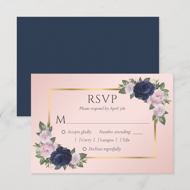Elégant bleu marine Blush Gold Wedding Cartes RSVP (Devant / Derrière)