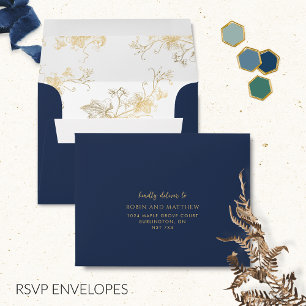 Elégant bleu marine RSVP avec enveloppe florale do