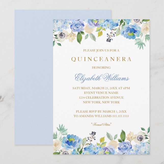 Elégant bleu or Floral Quinceanera Invitation (Devant / Derrière)