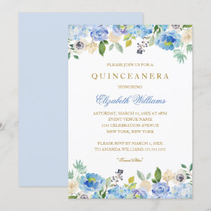 Elégant bleu or Floral Quinceanera Invitation
