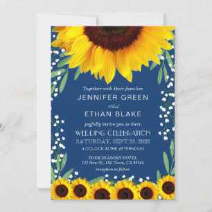 Elégant Bleu Sunflower Invitations de mariage