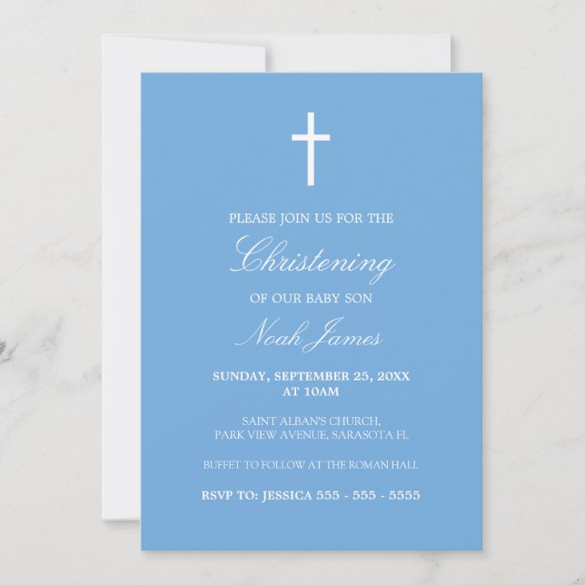 Élégant Bleu Traditionnel Invitation Christening (Devant)