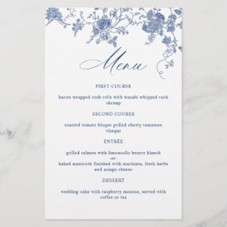 Elégant bleu Vintage Fleurs Mariage Dîner Menu