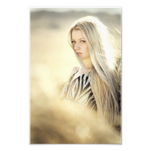 Elegant Blonde Girl in White and Black Dress Fine Photo Print