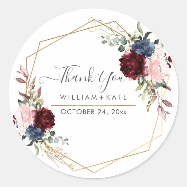 Elegant Bloom Blush Burgundy Dusty Blue Thank You Classic Round Sticker (Front)