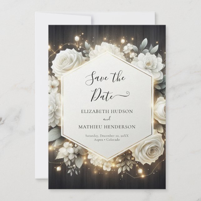 Elegant Bloom White Roses Wedding Save The Date (Front)