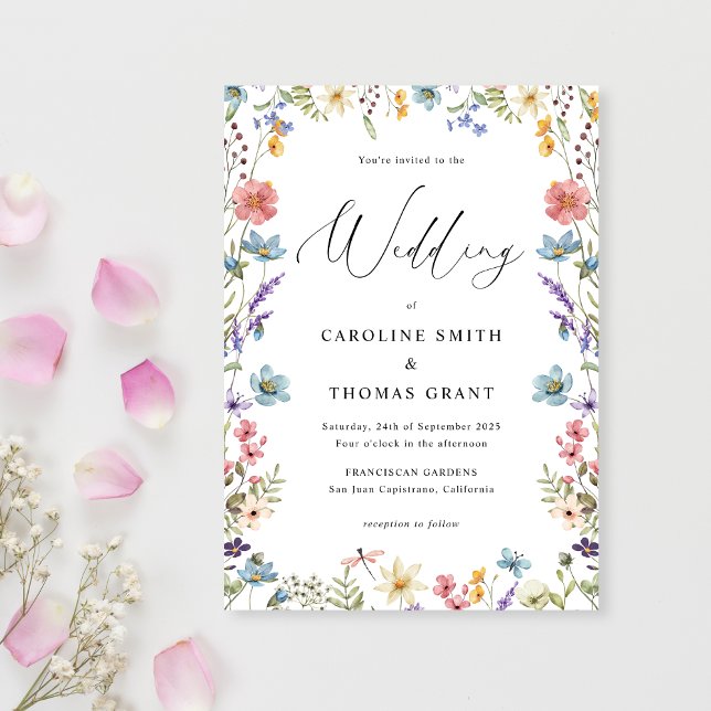 Elegant Bloom Wildflower Romantic Script Wedding Invitation (Creator Uploaded)