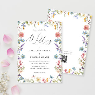 Elegant Bloom Wildflower Script QR Code Wedding Invitation