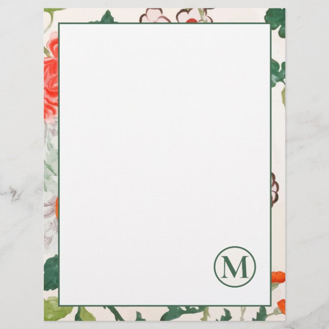 Elegant Blooming Floral Monogrammed Stationery (Front)