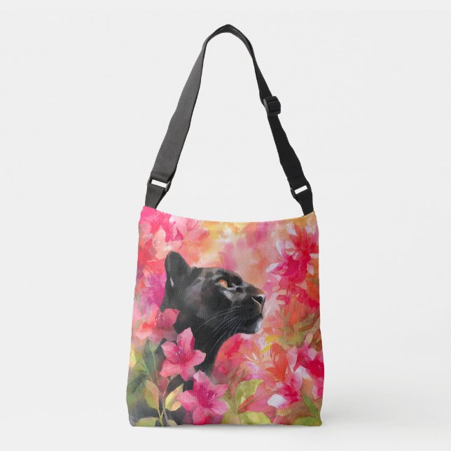 Elegant Blooming Floral Wild Black Panther Crossbody Bag (Front)