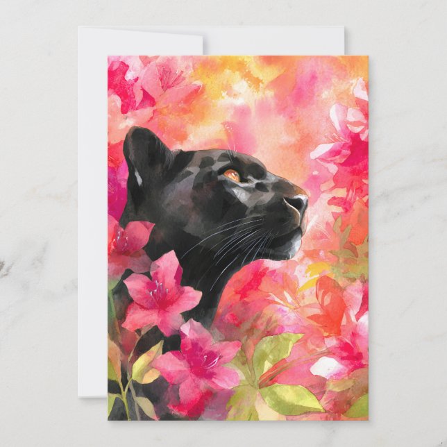 Elegant Blooming Floral Wild Black Panther Holiday Card (Front)