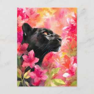 Elegant Blooming Floral Wild Black Panther Holiday Postcard