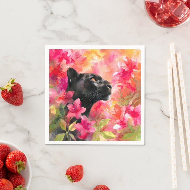 Elegant Blooming Floral Wild Black Panther Napkin (Insitu)