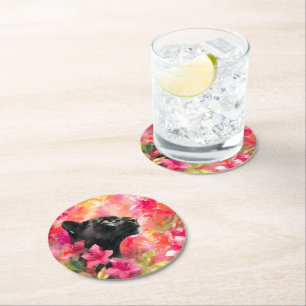 Elegant Blooming Floral Wild Black Panther Round Paper Coaster