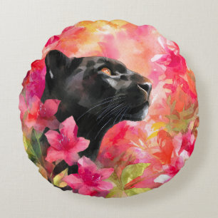 Elegant Blooming Floral Wild Black Panther Round Pillow