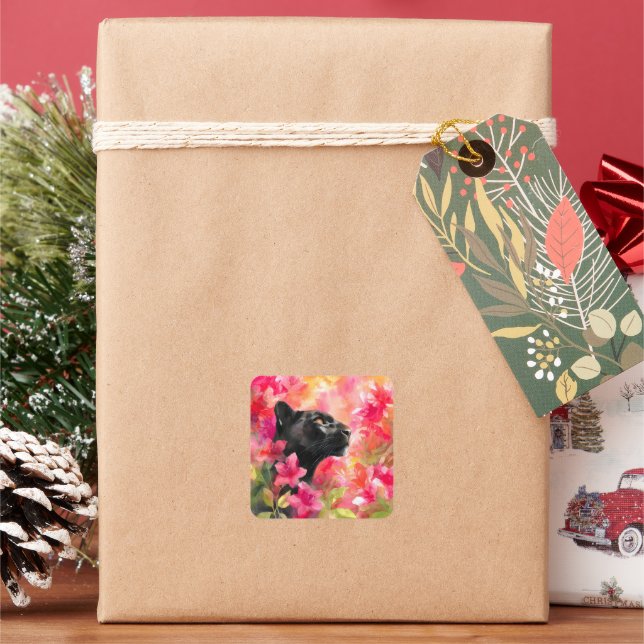 Elegant Blooming Floral Wild Black Panther Square Sticker (Holiday)