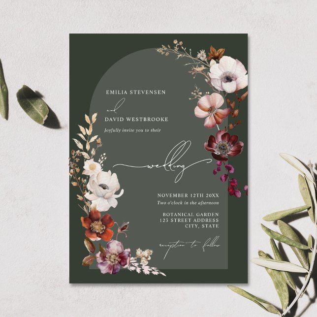 Elegant Blooms Floral Arch Dark Green Wedding Invitation (Creator Uploaded)