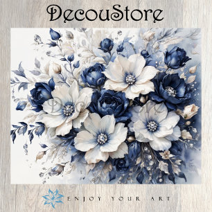 Elegant Blossoms in Blue & White Decoupage Tissue Paper