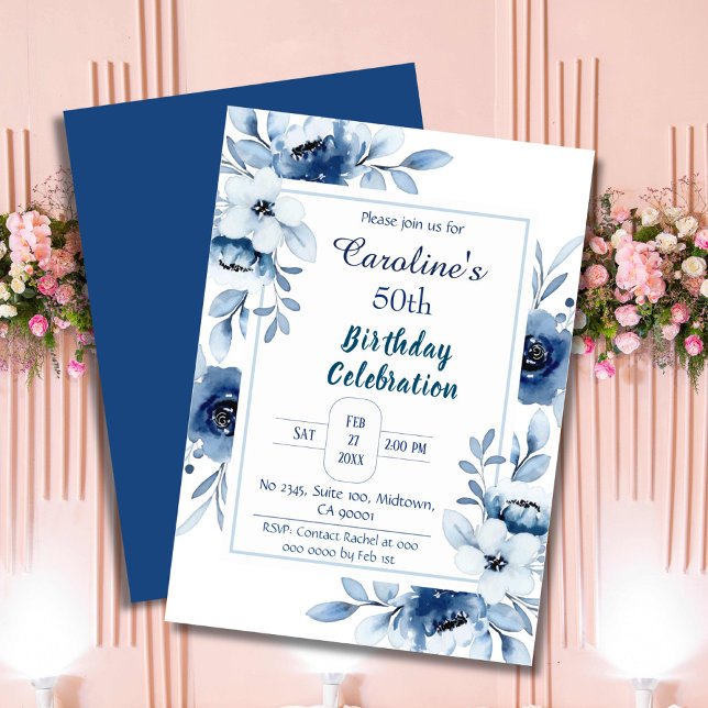 Elegant blue 50th birthday floral shades of blue  invitation (Creator Uploaded)