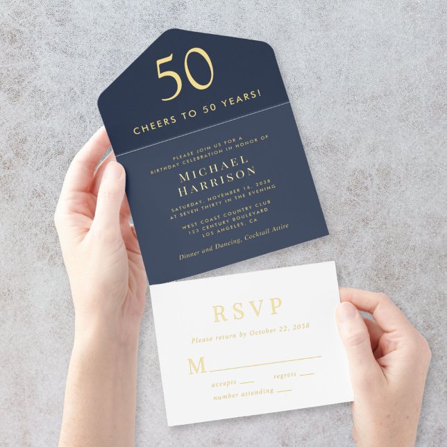 Elegant Blue 50th Birthday Party All In One Invitation (Creator Uploaded)