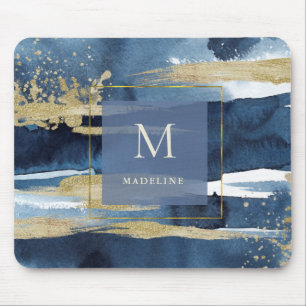 Elegant Blue Abstract Gold with Monogram Mouse Pad
