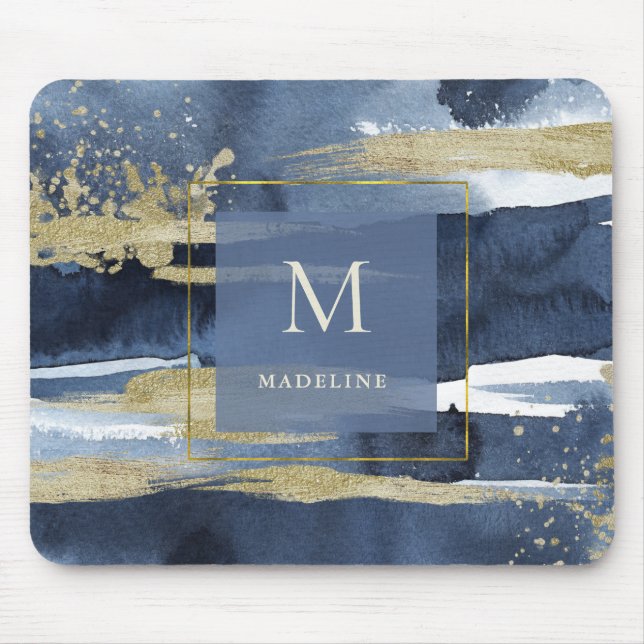 Elegant Blue | Abstract Gold with Monogram Mouse Pad (Front)