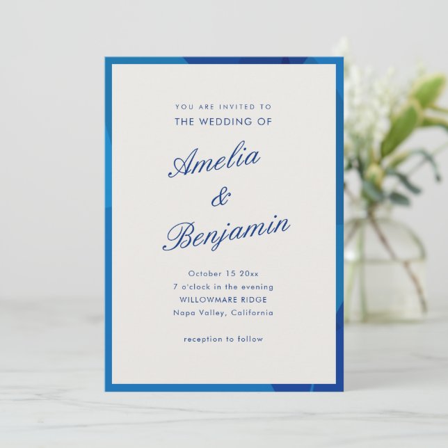 Elegant Blue Abstract Script Couple Names Wedding Invitation (Standing Front)