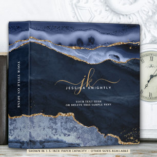 Elegant Blue Agate Gold Glitter Script Monogram Binder