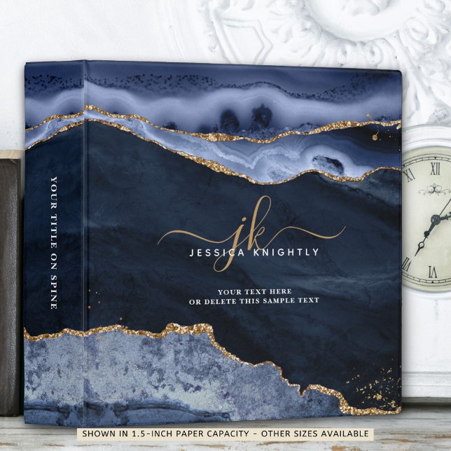 Elegant Blue Agate Gold Glitter Script Monogram Binder (Creator Uploaded)