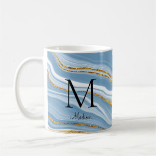 Elegant Blue Agate Monogram Name Coffee Mug