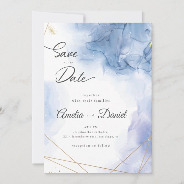 Elegant Blue Agate wedding Save the Date Invitation (Front)