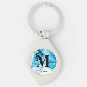 Elegant Blue Alcohol Ink Monogram Keychain