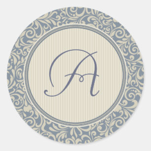 Elegant Blue and Beige Damask with Monogram Classic Round Sticker