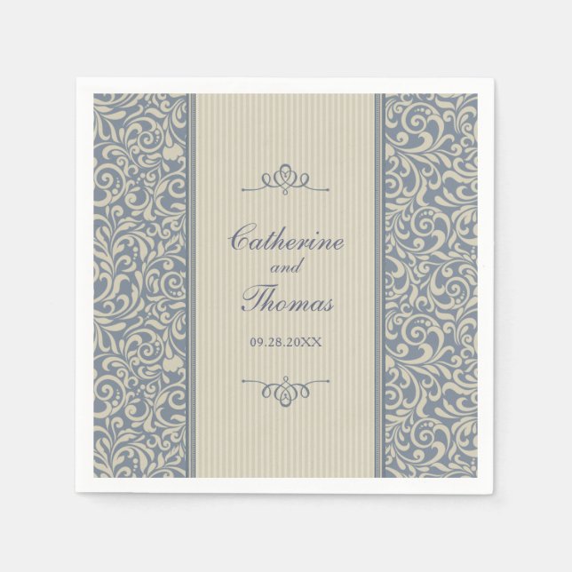 Elegant Blue and Beige Pattern Wedding Napkin (Front)