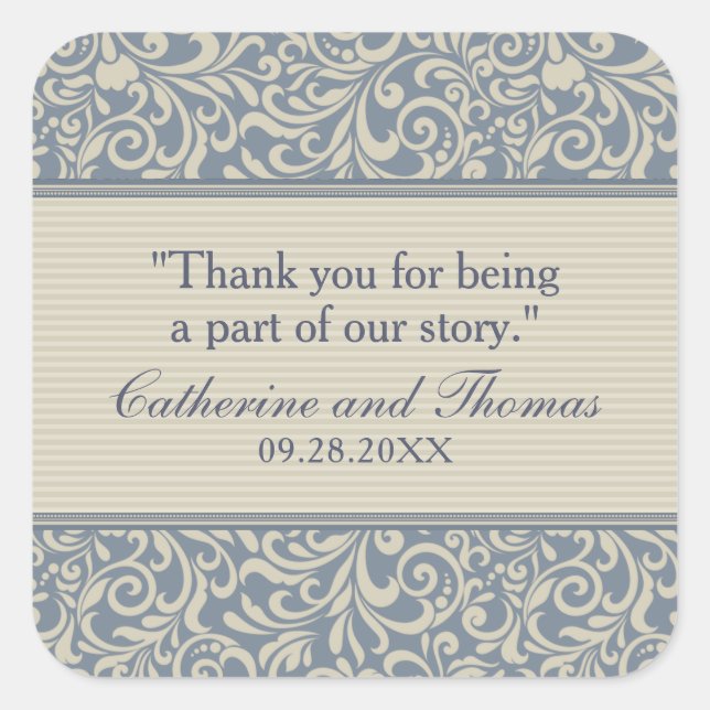 Elegant Blue and Beige Pattern Wedding Square Sticker (Front)