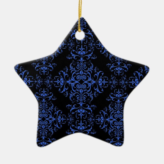 Elegant Blue and Black Floral Damask Style Pattern Ceramic Ornament (Front)