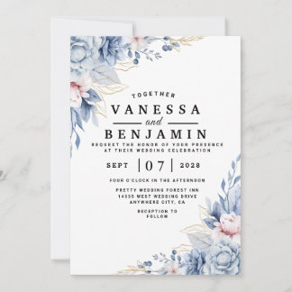 Elegant Blue and Blush Floral Wedding Invitation 