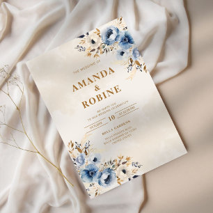 Elegant Blue and Brown Floral Wedding Invitation