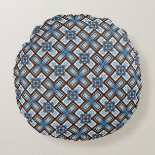 Elegant Blue and Brown Geometric Pattern Round Pillow