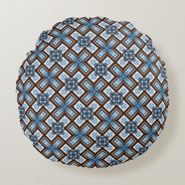 Elegant Blue and Brown Geometric Pattern  Round Pillow (Front)