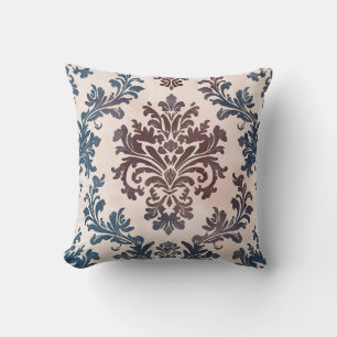 Elegant Blue and Burgundy Damask Pattern Throw Pillow