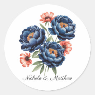 Elegant Blue and Burnt Orange Floral Wedding Classic Round Sticker