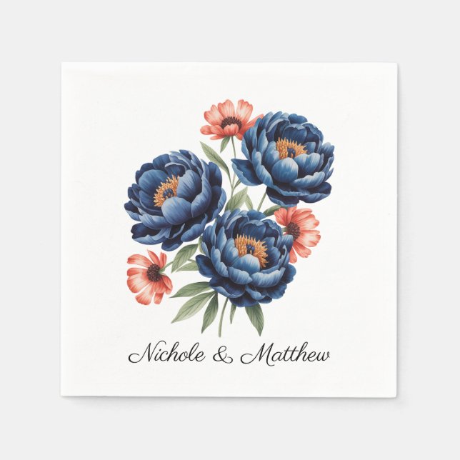 Elegant Blue and Burnt Orange Floral Wedding Napkin (Front)