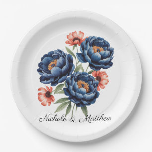 Elegant Blue and Burnt Orange Floral Wedding Paper Plate
