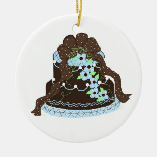 Elegant Blue and Chocolate Cake Ceramic Ornament
